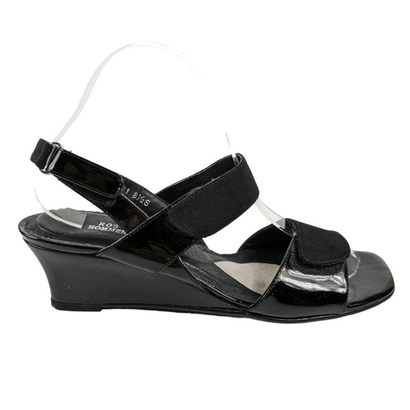 Ros Hommerson Sandals 8.5 Black Patent Leather Strappy Wedges Slingback Shoes - Picture 1 of 11